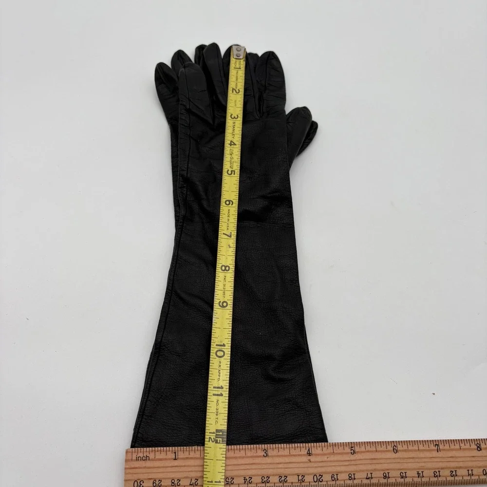 Vintage Gimbels Black Leather Opera Length Gloves Made in Italy Size 7 Blue Line
